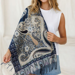 Premium Navy Blue Paisley Wool Scarf for Women – Elegant Printed Winter Wrap with Fringed Edges