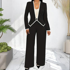 Women's Two-Piece V-Neck Long Sleeve Blouse With Contrast Trim & Straight Leg Wide Pants Set - Office Wear Suit For Spring&Fall