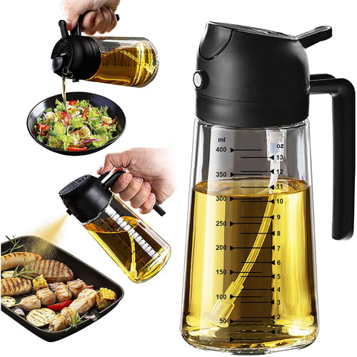 Olive oil dispenser being used on a salad and roasted vegetables with measurement markings.