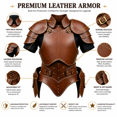 A brown leather armor chest plate shown on a black torso form with callout labels and icons explaining features such as high neck design, durable buckles, layered pauldrons, adjustable fit, and waist & hip guard. The image has the heading 'PREMIUM LEATHER ARMOR' at the top.