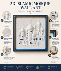 Noor Al Masjid 3D Islamic Mosque Relief Wall Art | Premium White & Blue Textured Canvas | Modern Islamic Home Décor | Luxury Framed Wall Painting