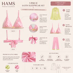 HAMS 3-Piece Satin Pajama Set for Women – Pistachio Green & Pink | Long Sleeve Cardigan, Wide-Leg Pants, Elastic Waistband, Side Slit, Suitable for All Seasons