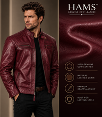 HAMS Men's Genuine Cow Leather Motorcycle Jacket – Premium Burgundy Cafe Racer Leather Jacket with Quilted Shoulders & Stand Collar