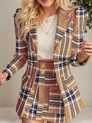 Women's Elegant Set, Double Breasted Long Sleeved Plaid Lapel Jacket&plaid Skirt With Pockets, Double Breasted Closure, Perfect For Work And Formal Occasions - Ideal Gift For Women
