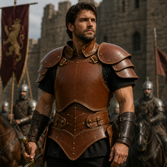 A man dressed as a medieval knight in detailed brown leather armor over a black tunic, standing in front of a stone castle with other armored soldiers and banners in the background.