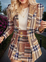 Women's Elegant Set, Double Breasted Long Sleeved Plaid Lapel Jacket&plaid Skirt With Pockets, Double Breasted Closure, Perfect For Work And Formal Occasions - Ideal Gift For Women
