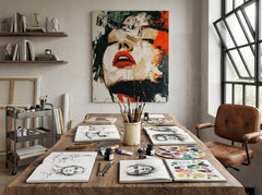 Abstract Portrait Mixed Media Painting: Expressive Face, Bold Strokes, Vivid Accents