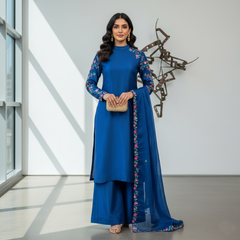 Secret Solutions Exclusive: 'Azure Whisper' Raw Silk Suit With Multi-Color Embroidery Shoulder Work - Latest Arrival