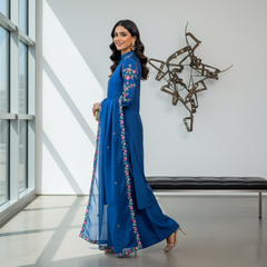 Secret Solutions Exclusive: 'Azure Whisper' Raw Silk Suit With Multi-Color Embroidery Shoulder Work - Latest Arrival