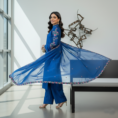 Secret Solutions Exclusive: 'Azure Whisper' Raw Silk Suit With Multi-Color Embroidery Shoulder Work - Latest Arrival