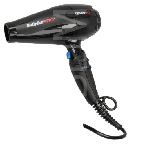 Black hair dryer with visible branding on a white background