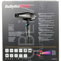 BaByliss Pro hair dryer packaging with product image and text on a black background