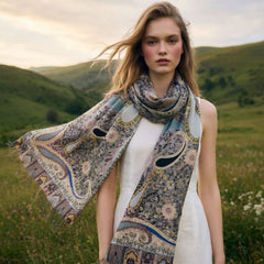 Premium Paisley Wool Shawl for Women – Elegant Printed Winter Wrap Scarf with Fringed Edges