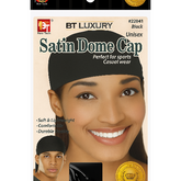 Packaging of BT Luxury Satin Dome Cap with a model wearing the cap on a beige background