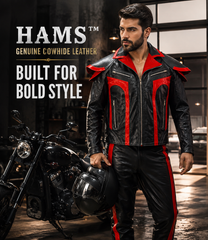 Men's Genuine Cowhide Leather Motorcycle Biker Suit, Black and Red Leather Jacket and Matching Pants Set with Zipper Pockets and Bold Contrast Design