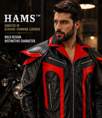 Men's Genuine Cowhide Leather Motorcycle Biker Suit, Black and Red Leather Jacket and Matching Pants Set with Zipper Pockets and Bold Contrast Design