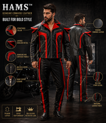 Men's Genuine Cowhide Leather Motorcycle Biker Suit, Black and Red Leather Jacket and Matching Pants Set with Zipper Pockets and Bold Contrast Design