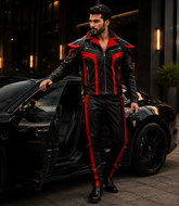 Men's Genuine Cowhide Leather Motorcycle Biker Suit, Black and Red Leather Jacket and Matching Pants Set with Zipper Pockets and Bold Contrast Design