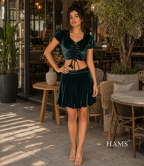 Women’s Velvet 2 Piece Outfit Set – Ruched Short Sleeve Crop Top with Drawstring Detail and Pleated Flared Skirt, Elegant Casual Matching Set