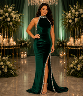 Luxury Velvet Evening Gown for Women, Deep Emerald Green Halter Neck Floor-Length Formal Dress with Crystal Pearl Embellished Trim and High Side Slit