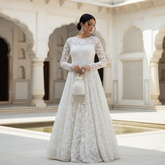 Ethereal Dream - White Embroidered Net Gown | Bridal Maxi Dress | Illusion Neckline | Elegant Wedding Wear | Formal Evening Gown | Handcrafted Embellishments