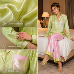 HAMS 3-Piece Satin Pajama Set for Women in Pistachio Green & Pink | Long Sleeve Cardigan, Wide-Leg Pants, Elastic Waist, Side Slit, All-Season Loungewear