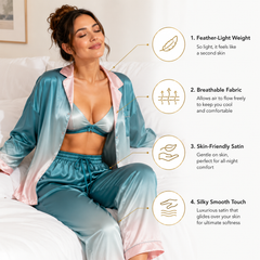 HAMS 3-Piece Satin Pajama Set for Women – Ocean Blue & Pink | Long Sleeve Cardigan, Wide-Leg Pants, Elastic Waistband, Side Slit, Suitable for All Seasons