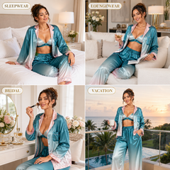 HAMS Satin Pajama Set for Women – 3 Pieces, Ocean Blue and Pink | Long Sleeve Cardigan, Wide-Leg Pants, Elastic Waist, Side Slit, Suitable for All Seasons.