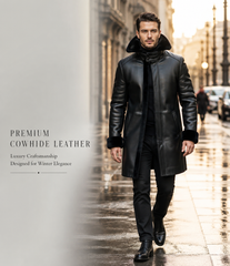Genuine Cowhide Leather Shearling Coat for Men | Luxury Full Grain Leather Winter Jacket | Fur Collar Leather Overcoat | Handmade Cold Weather Coat