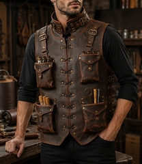 Handmade Full Grain Leather Utility Vest | Men's Work Tool Vest for Carpenter, Woodworker, Photographer, Motorcycle, Hiking, Camping & EDC Gear