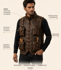 Handmade Full Grain Leather Utility Vest | Men's Work Tool Vest for Carpenter, Woodworker, Photographer, Motorcycle, Hiking, Camping & EDC Gear