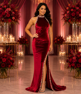 Luxury Velvet Evening Gown for Women, Deep Red Velvet Halter Neck Floor-Length Formal Dress with Pearl & Crystal Embellished Trim and High Side Slit