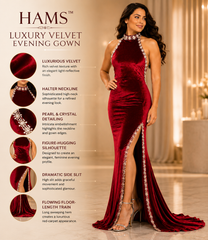 Luxury Velvet Evening Gown for Women, Deep Red Velvet Halter Neck Floor-Length Formal Dress with Pearl & Crystal Embellished Trim and High Side Slit
