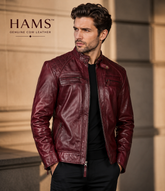 HAMS Men's Genuine Cow Leather Motorcycle Jacket – Premium Burgundy Cafe Racer Leather Jacket with Quilted Shoulders & Stand Collar
