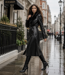 HAMS™ Women’s Black Leather Trench Coat, Longline Double-Breasted Belted Coat with Fur Collar, Structured Shoulders and Adjustable Cuffs
