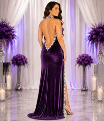 Luxury Velvet Evening Gown for Women, Purple Velvet Halter Neck Floor-Length Formal Dress with Pearl & Crystal Embellished Trim and High Side Slit