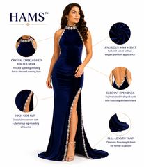 Luxury Blue Velvet Pearl & Crystal Embellished Halter Neck Gown