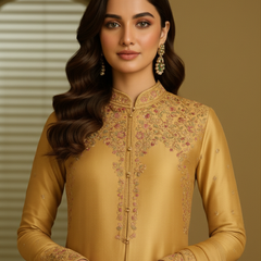 SECRET SOLUTIONS - Marigold Glamour Ensemble Suit with Multi-Color Floral Thread Embroidery | Luxury Formal Wear