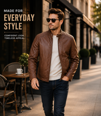 Men's Premium Brown Café Racer Leather Jacket – Classic Slim Fit Everyday Casual Motorcycle Jacket