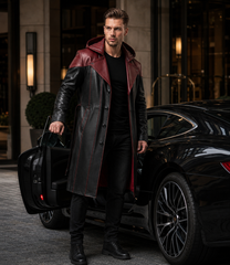 Men's Genuine Cowhide Leather Hooded Long Coat, Black and Deep Burgundy Button-Front Long Leather Coat