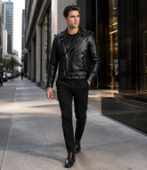 Men's Genuine Cow Leather Biker Jacket – Classic Motorcycle Jacket with Asymmetric Zip Closure, Multiple Pockets & Adjustable Waist Belt