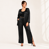 HAMS Women's 2-Piece Satin Pajama Set – Black | Long Sleeve Cardigan, Wide Leg Pants, Elastic Waist, Side Slit, All-Season Sleepwear & Loungewear