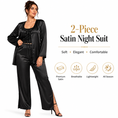 HAMS Women's 2-Piece Satin Pajama Set – Black | Long Sleeve Cardigan, Wide Leg Pants, Elastic Waist, Side Slit, All-Season Sleepwear & Loungewear