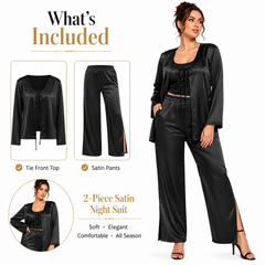 HAMS Women's 2-Piece Satin Pajama Set – Black | Long Sleeve Cardigan, Wide Leg Pants, Elastic Waist, Side Slit, All-Season Sleepwear & Loungewear