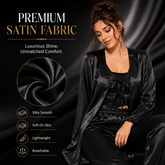 HAMS 2-Piece Satin Pajama Set for Women – Black | Long Sleeve Cardigan, Wide-Leg Pants, Elastic Waistband, Side Slit, Suitable for All Seasons