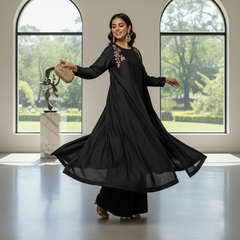 Secret Solutions Exclusive - 'Midnight Whisper' Black Raw Silk Suit With Minimal Multi-Color Shoulder Work