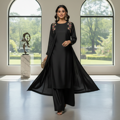 Secret Solutions Exclusive - 'Midnight Whisper' Black Raw Silk Suit With Minimal Multi-Color Shoulder Work