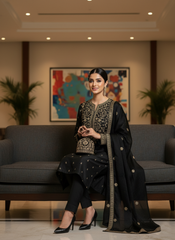 Midnight Elegance - Black Embroidered Silk Suit | Luxury Party Wear | Zari & Thread Work Kurta Set With Dupatta | Ethnic Formal Wear