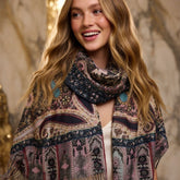 Premium Multicolor Paisley Wool Scarf for Women – Navy Blue, Pink & Beige Printed Winter Wrap with Fringes