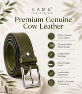 HAMS™ Premium Genuine Cow Leather Belt for Men – Olive Green | Full Grain Leather | Matte Silver Pin Buckle